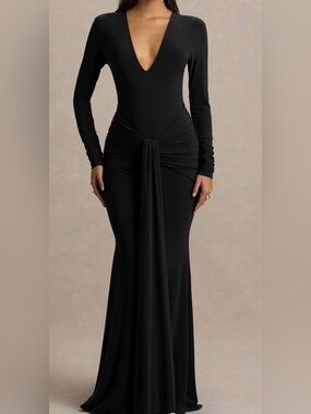 Club L London Black Long Sleeve Knot-Front Maxi Gown